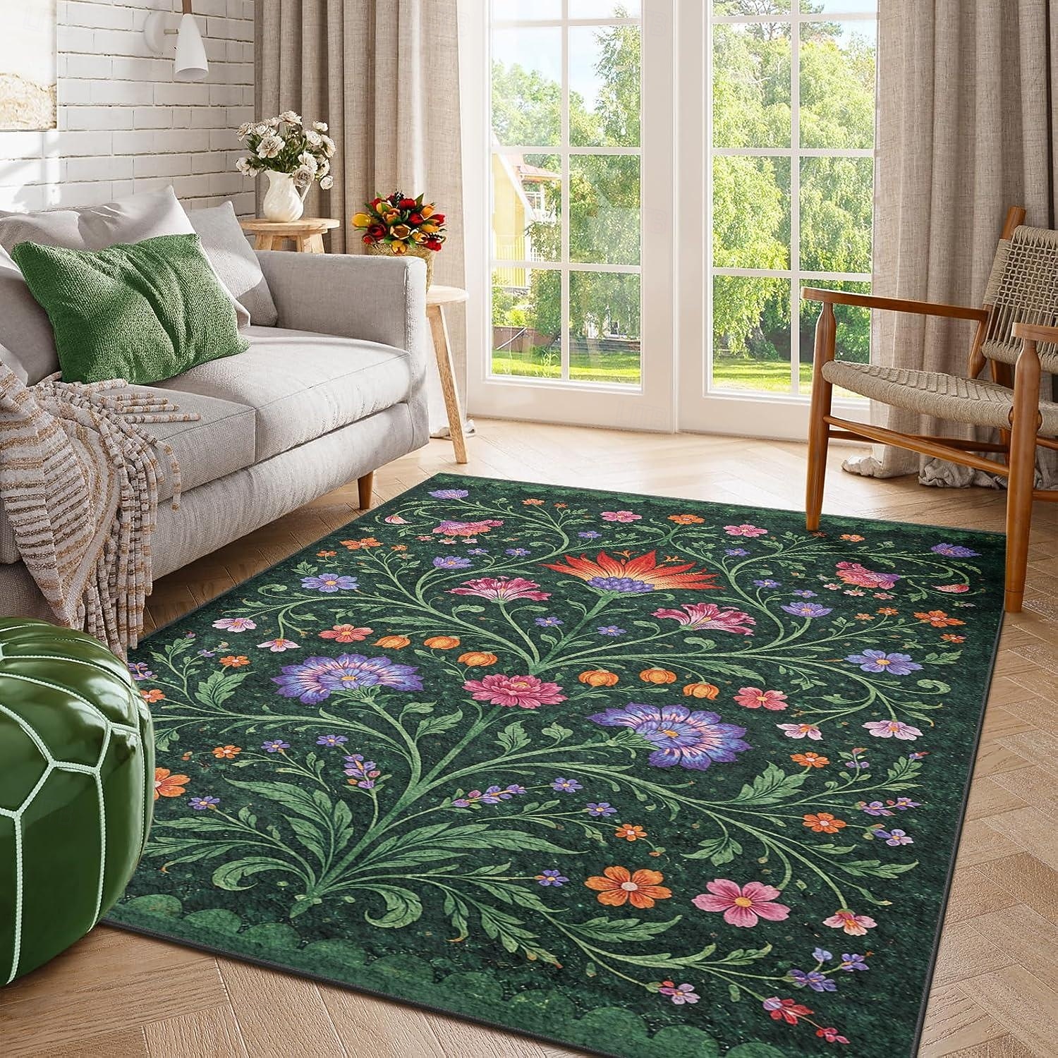 Area Rug Intricate Vine and Blossom Pattern on Deep Green Elegant Decorative Carpet for Living Room or Foyer 2026 - $37.99 –P1