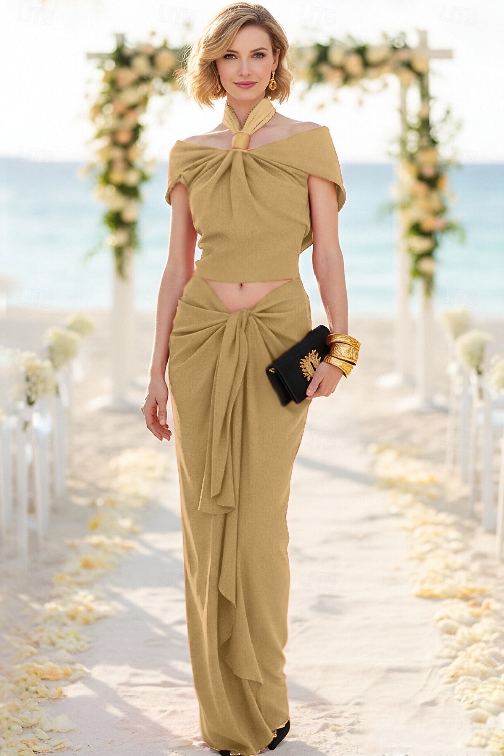 Two Piece Sheath Column Floor Length Wedding Guest Dress Wedding Guest Dresses Elegant Daily Cap Sleeve Halter Neck Garden Party Wedding with Ruched 2026 - $126.99 –P16