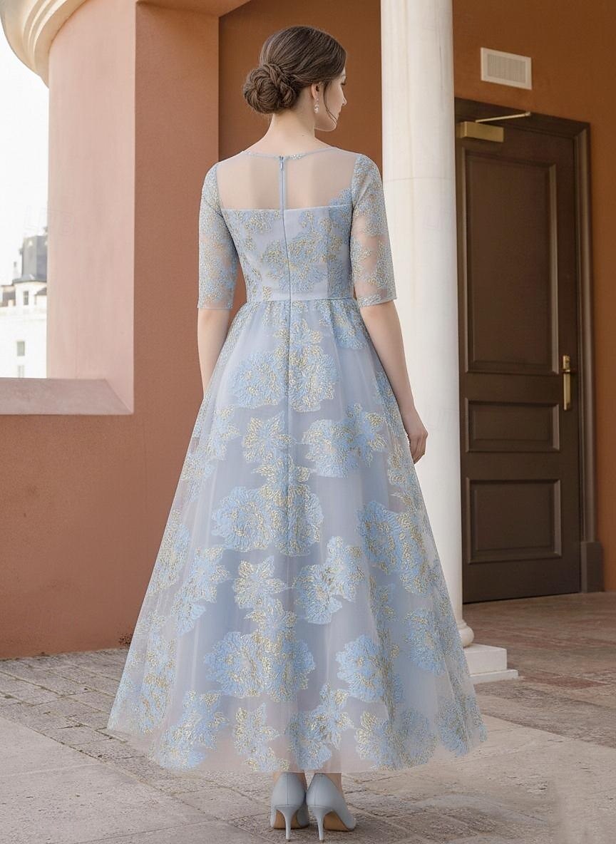 midi ankle length dress A-Line Floor Length Party Dress Mother of the Bride Dress Half Sleeve Crew Neck Illusion Neck Elegant Vintage Formal Semi Formal Jacquard with Pleats 2026 Custom Birthday Dress ( calf length Style:1 Sleeve Web Collection: Pre Fall