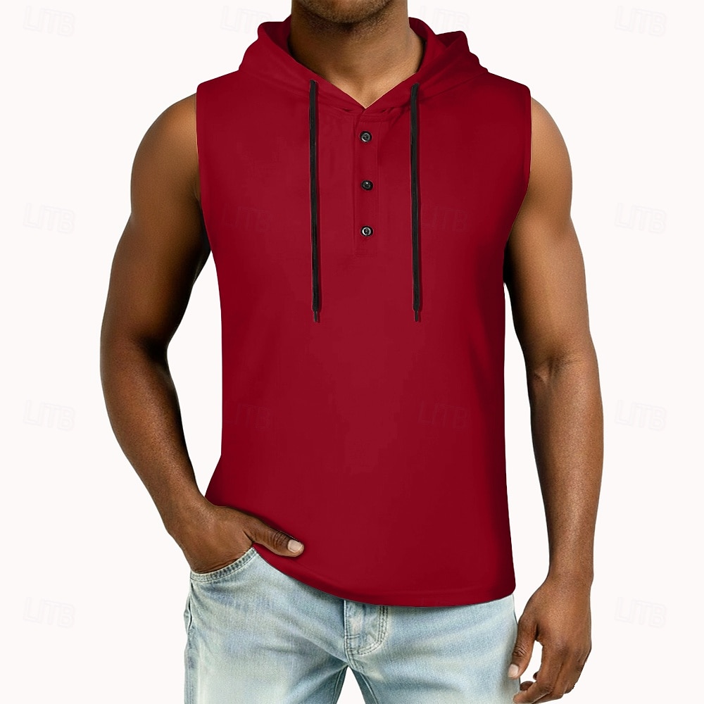 2026年 男性 ベストトップ ヘンリーパーカー ティートップ ノースリーブ フード付き 夏 純色 平織り ファッション デザイナー ベーシック ボタン フード付き カジュアル バケーション ストリート ブルー ブラック ホワイト メンズトップTシャツ  コレクション – $16.49 –P9