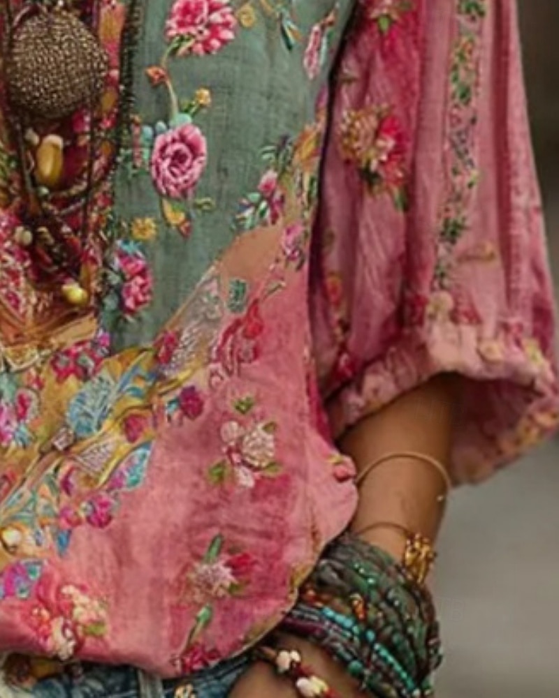 Dam Skjorta Linneskjortor i bomull Boho skjorta Blus Lappverk Mönster Blommig Grafisk bohemliv Stylish Etnisk Halvlång ärm V-hals Vanliga toppar Dagligen Helgdag Utekväll Rubinrött Sommar Vår 2026 - $38.99 –P3