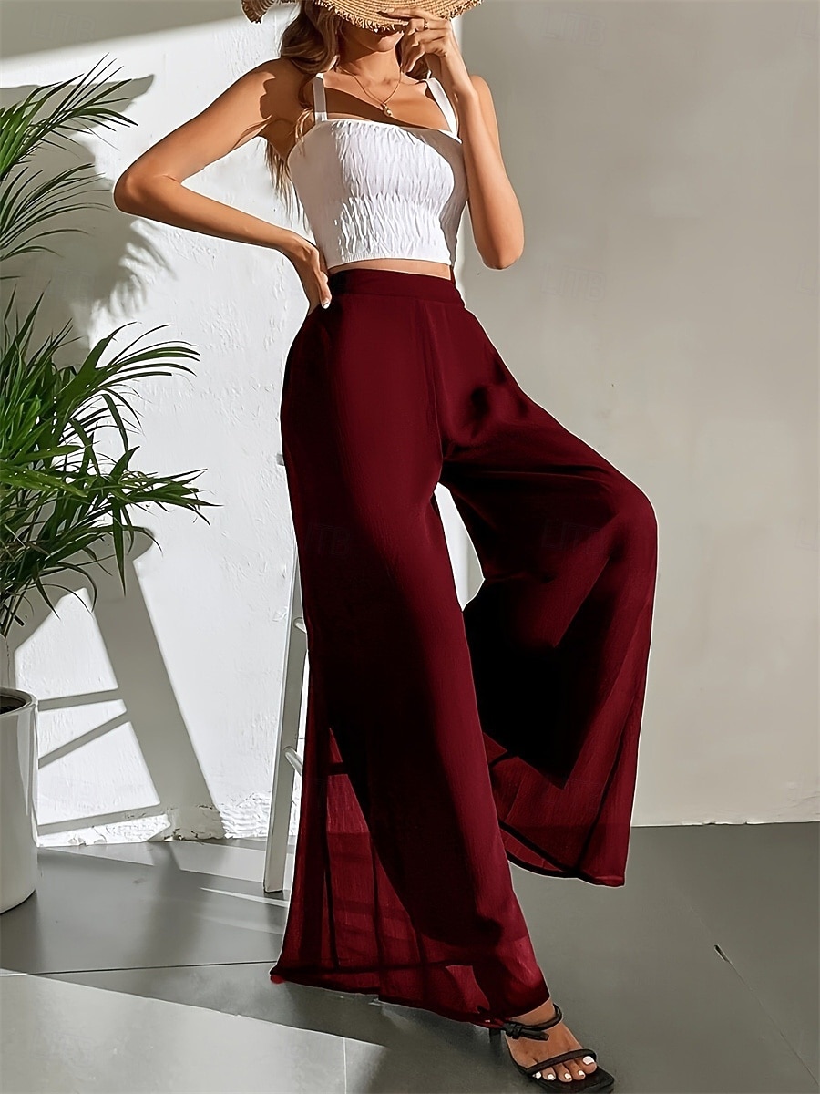 Per donna Gamba larga Chinos Pantaloni Vacanza Streetwear Casual Lunghezza intera Vita Alta Tinta unica Patchwork Fascia Elastica Comodo Traspirabilità Inelastico Quotidiano Casa All'aperto Rosso del 2026 a $26.99 –P10