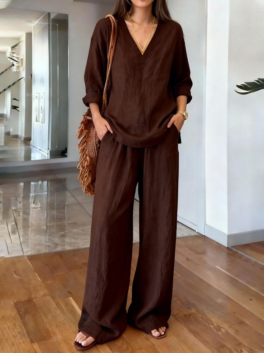 Damen-Sets aus Leinenimitat, zweiteilig, mit Bolero, langen Ärmeln und V-Ausschnitt, schlicht, modisch, Streetwear, Basic, lässig, für Alltag und Freizeit, in Blau, Weiß und Braun, Sommer, normale Passform 2026 - $28.99 –P6