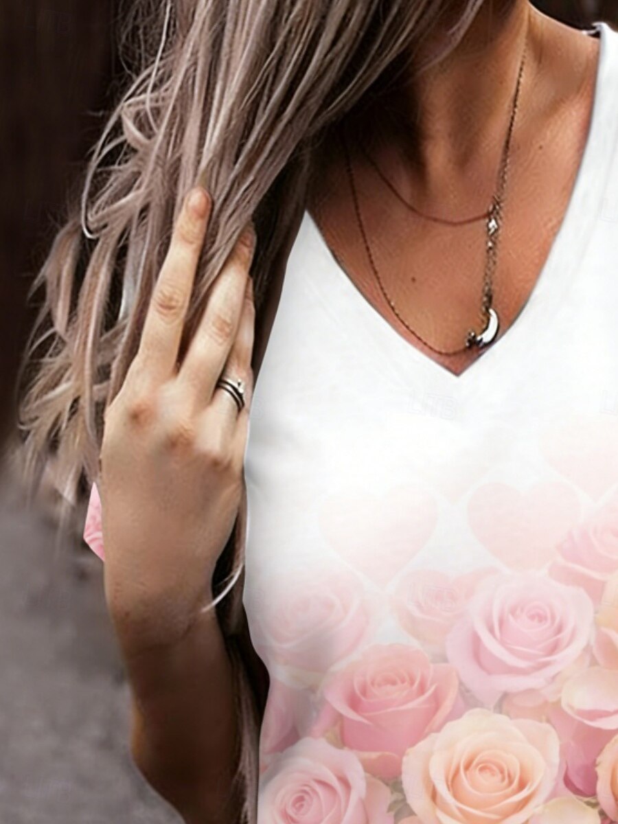 Valentine's Day Women's T Shirt Tee Top Print Floral Graphic Stylish Classic Casual Short Sleeve V Neck Regular Tops Daily Going out Weekend Pink Rose Pink Summer Spring 2026 - $17.99 –P3