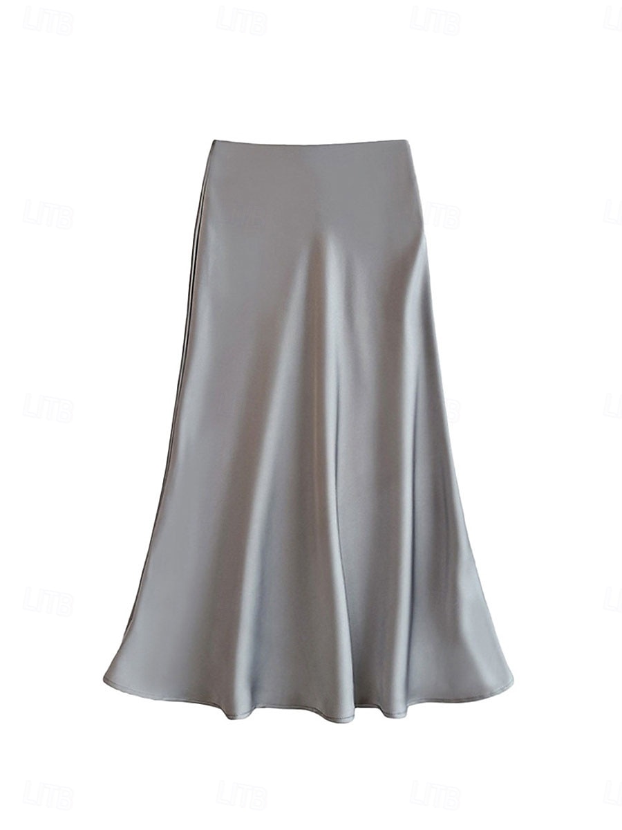 Per donna Gonne in raso Elegante Vintage Moda Casual Midi Vita Alta Gonne Semplice Arricciato Patchwork Inelastico Quotidiano Ufficio / Carriera Grigio verde Vinaccia Aalbicocca Nero Estate del 2026 a $31.99 –P5