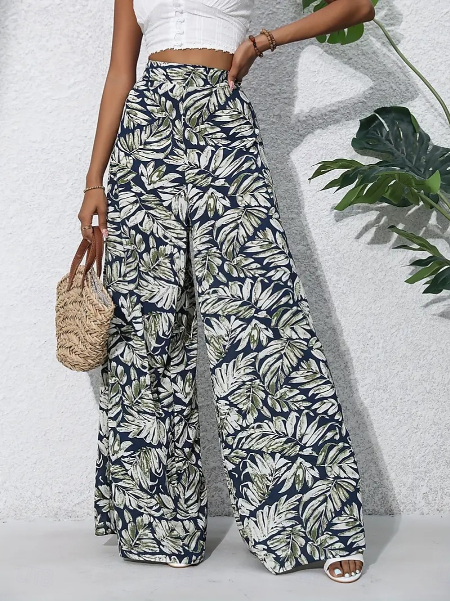 Damen Weite Hosenbeine Chinos Palazzo-Hose Urlaub Streetwear Basic Volle Länge Mittlere Taillenlinie Blumen Tropisch Elastischer Bund Drucken Bequem Unelastisch Täglich Outdoor Straße Blau Marineblau 2026 - $22.99 –P12