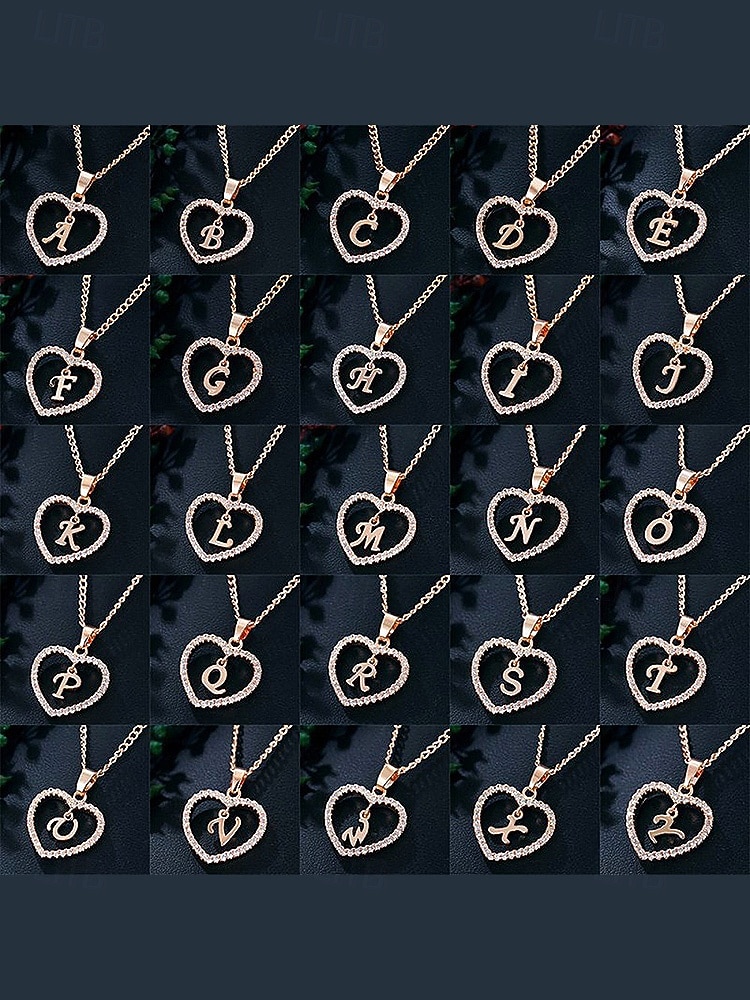 hjerteformet anhengskjede for kvinner – legeringsmateriale, 26 alfabetstiler, strass-aksenter – perfekt valentinsdagsgave 2026 - $7.99 –P9