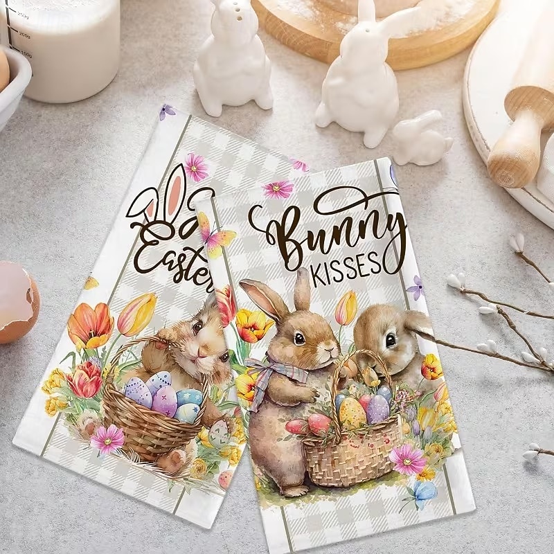 2 stk. kjøkkenhåndklær med påskehare-trykk, vaskbare vårhåndklær med påskehare &eggmønstre, moderne gårdshus rektangulære oppvaskkluter egnet for vårsesongdekorasjonsgave 2026 - $9.99 –P7