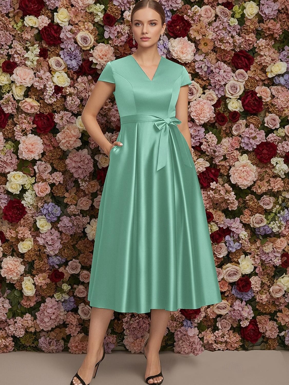 A-Line Tea Length Party Dress Cocktail Dress Wedding Guest Dress Mother of the Bride Dress Cap Sleeve V Neck Elegant Formal Wedding Guest Satin with Bow(s) 2026 - $126.99 –P3