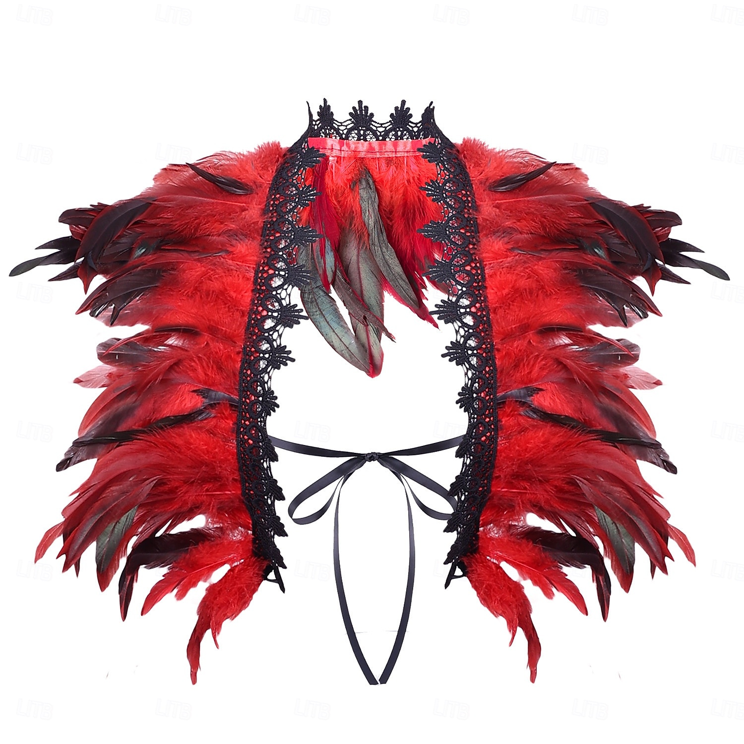 Carnaval 2026 Accessoires de Carnaval de Rio Samba Cape Châle Femme Plumes Rouges et Noires avec Bord en Dentelle Costume de Performance Festival Brésilien de 2026 ? $11.99 –P14