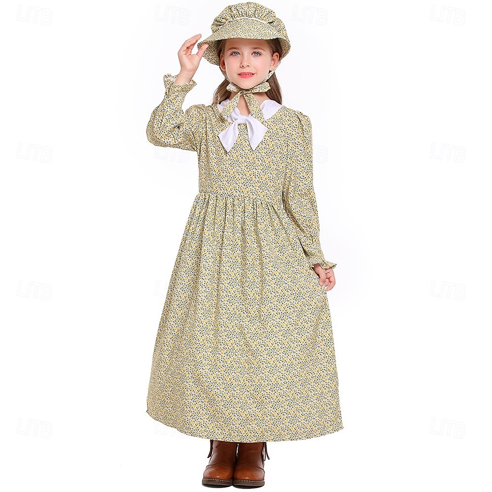 250th Anniversary USA Colonial Period 19th Century Prairie Dress Bonnet and Apron Set Long Sleeves Pioneer Girl Colonial Revolutionary War Costumes Floral Fancy Dress Girls' Halloween Carnival School 2026 - $47.99 –P4