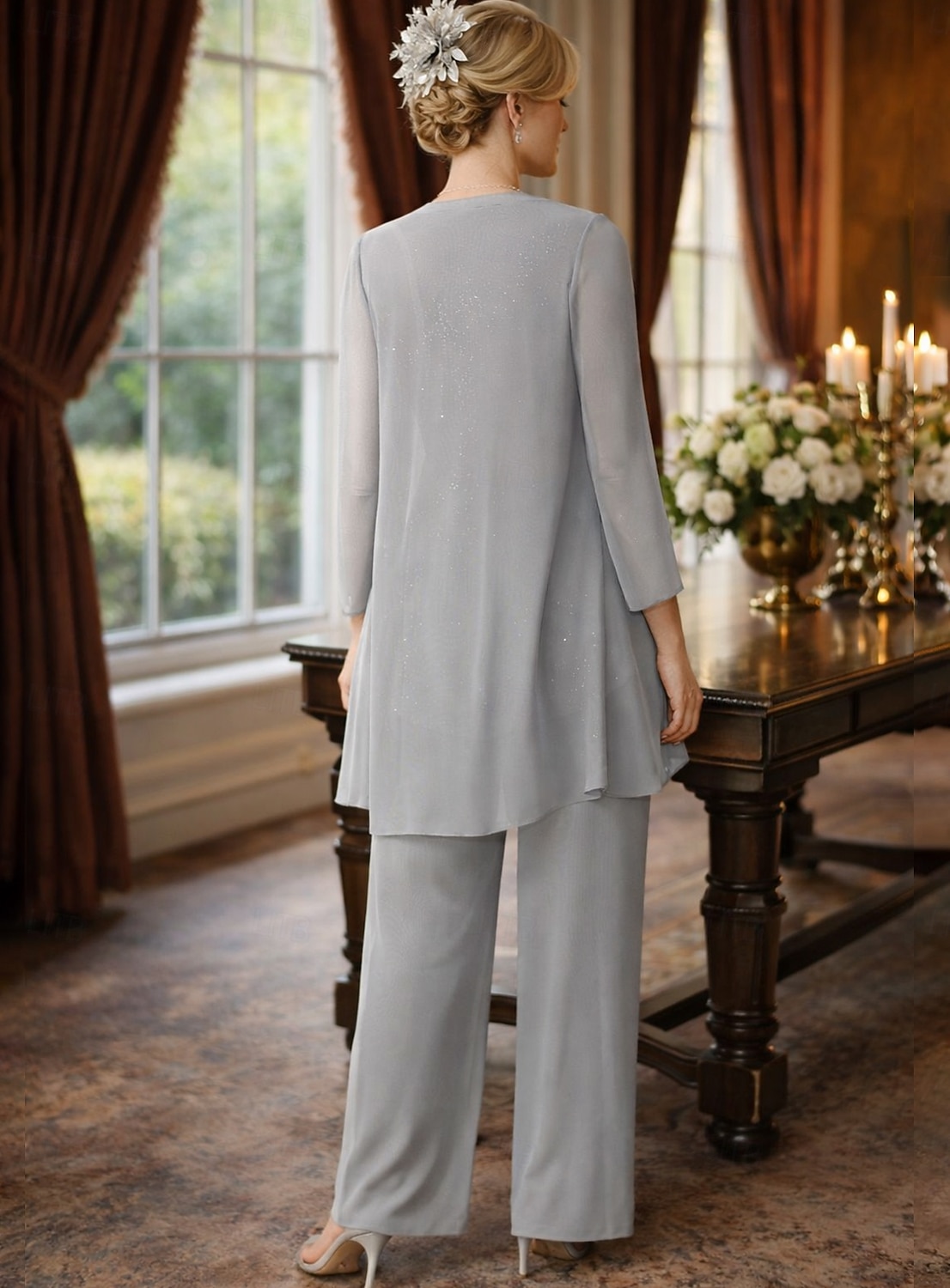 Jumpsuits Ankle Length Mother of the Bride Dress Long Sleeve Scoop Neck Elegant Wedding Guest Chiffon with Lace 2026 - $195.99 –P2