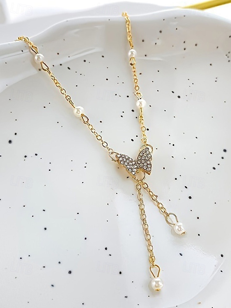 Női ötvözet műgyöngyös pillangós nyaklánc, finom Y-láncos kialakítás, arany és ezüst árnyalatok, elegáns minimalista stílus, tökéletes mindennapi viseletre, hétköznapi öltözékekhez és rétegezéshez 2026 - $5.99 –P5