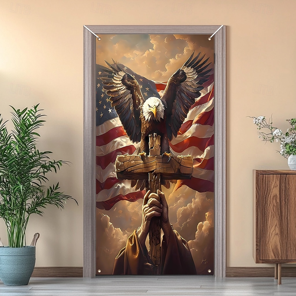 striscione patriottico per porta, bandiera americana, aquila calva e croce, decorazione religiosa da parete, cartello per portico del 4 luglio del 2026 a $17.99 –P3