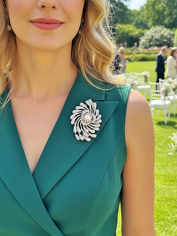 Spilla da donna in lega con perle finte, colori oro e argento, elegante design a spirale con fuochi d'artificio, perfetta per matrimoni e cene formali del 2026 a $11.99 –P3