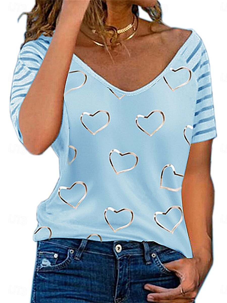 Pentru femei Tricou Tee Top Imprimeu Inimă Modă Stilat Casual Manșon scurt În V Topuri obișnuite Zilnic Ieșire Sfârșit de săptămână Albastru piscină Negru Alb Roz Îmbujorat Kaki Vară Primăvară 2026 - $19.99 –P6