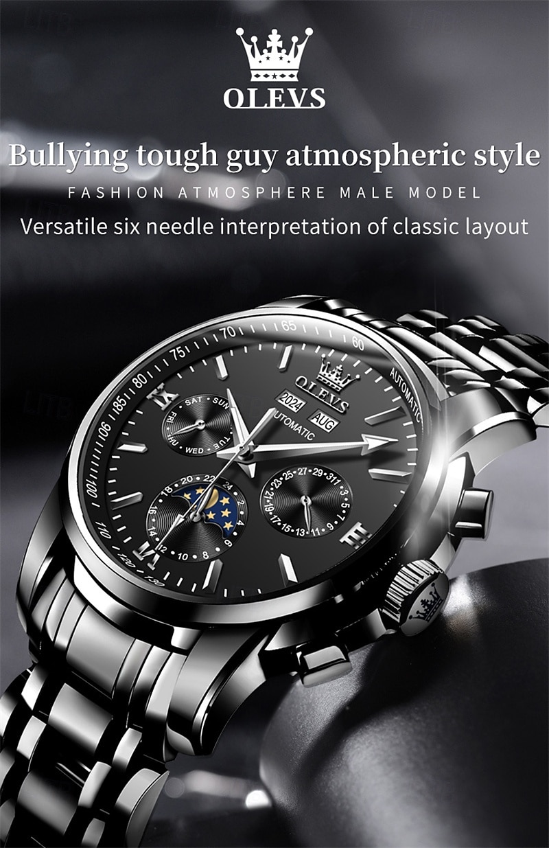 Montre homme Olevs neuve, élégante et fonctionnelle, avec affichage des phases de la lune, du calendrier, de l'heure sur 24 heures et du jour de la semaine. Montre mécanique automatique multifonctions de 2026 ? $121.99 –P1