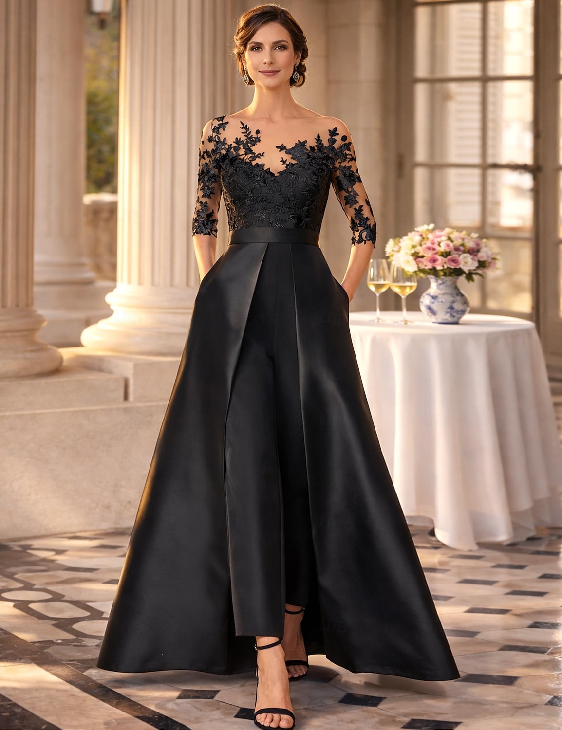 أفرول طول الأرض فستان أم العروس 3/4 الكم جوهرة أنيق حفلة ضيف حفل زفاف حفلة الزفاف ساتان مع زينة لون صلب 2026 - $197.99 –P1