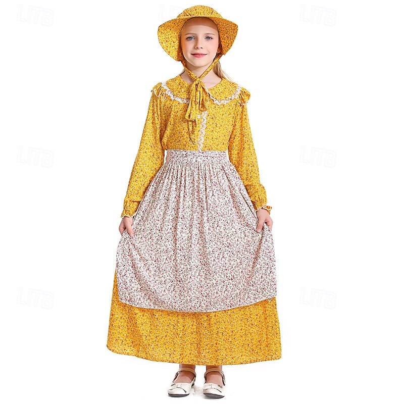 250e jubileum VS 19e eeuw jaren 1800 Prairiejurk Bonnet en schortset Lange Mouwen Pionier Meisje Koloniaal Pionier Onafhankelijkheidsoorlog Bloemig Kostuum Voor meisjes Halloween Carnaval 4 juli 2026 - $38.99 –P3
