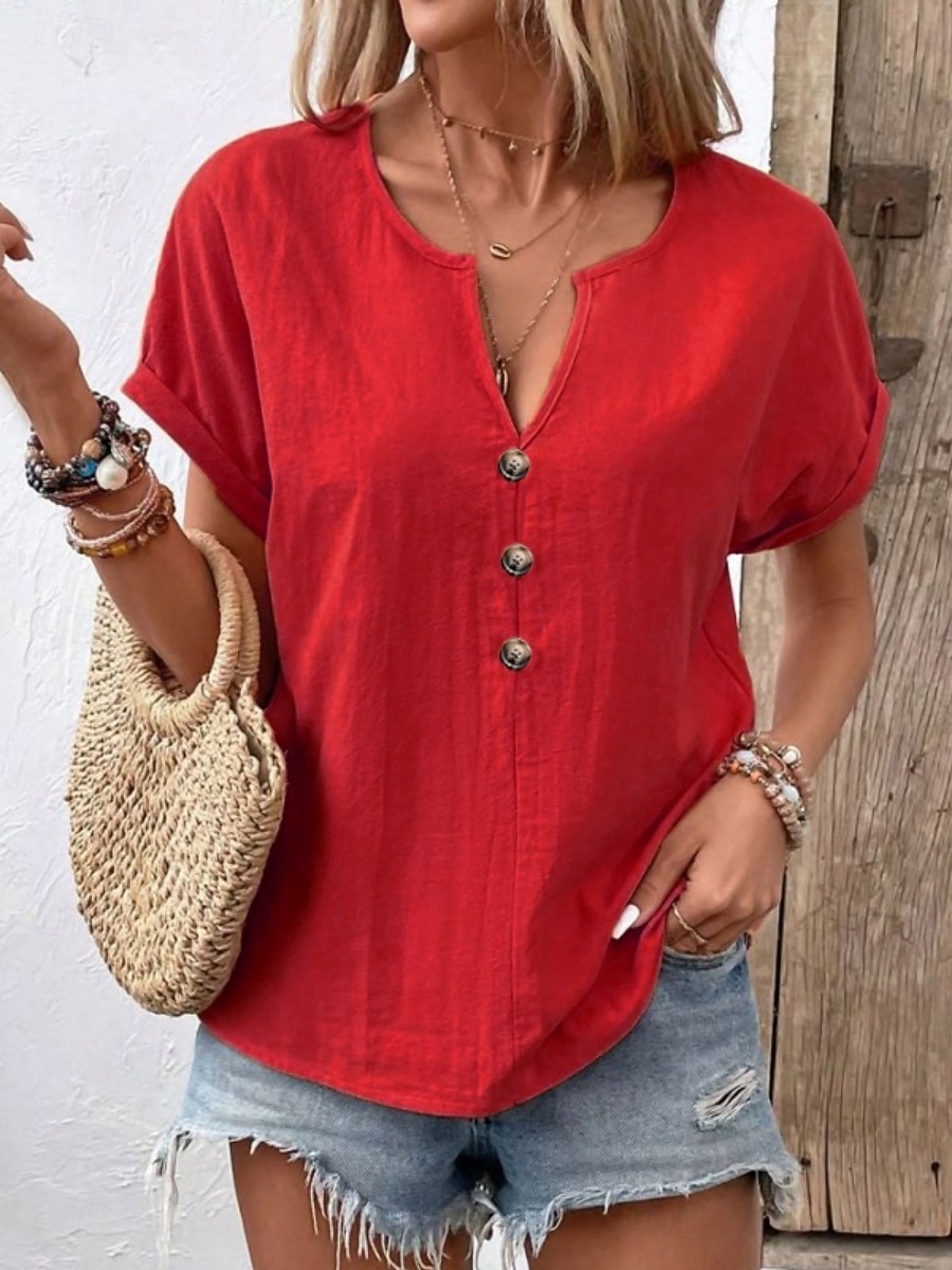 Mujer Camiseta Camiseta superior Botones del pecho Plano Moda Elegante Clásico Manga Corta Escote en Pico Tops regulares Diario Noche Fin de semana Negro Blanco Rojo Azul Marino Naranja Verano 2026 - $21.99 –P8