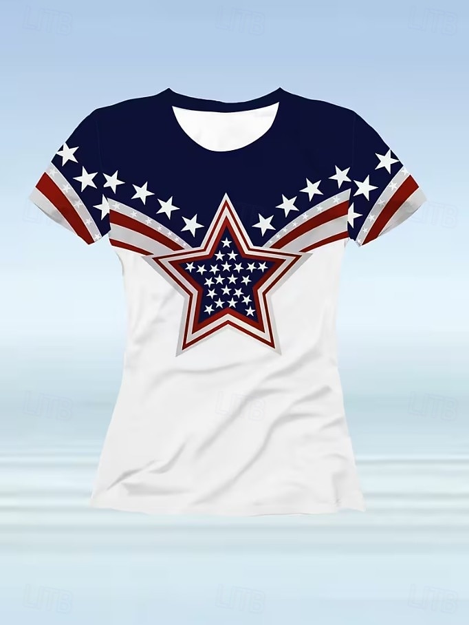 T-shirt patriottica da donna per il Giorno dell'Indipendenza grafico bandiera stella moda vintage stilosa maniche corte collo rotondo top regolari abbigliamento quotidiano weekend stampa blu rosso del 2026 a $22.99 –P2