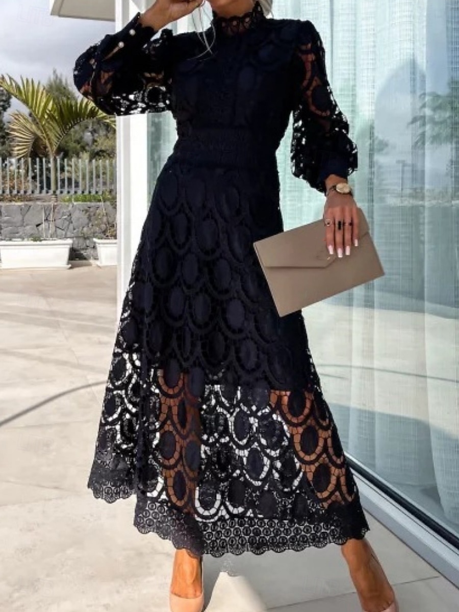 Damen Midikleid Maxikleid Spitzenkleid Weißes Kleid Freizeitkleid Elegant Mode Modern Outdoor Urlaub Ausgehen Normale Passform Schlank Geometrisch Langarm Hoher Ausschnitt Stehkragen Schwarz Wei 2026 - $41.99 –P4