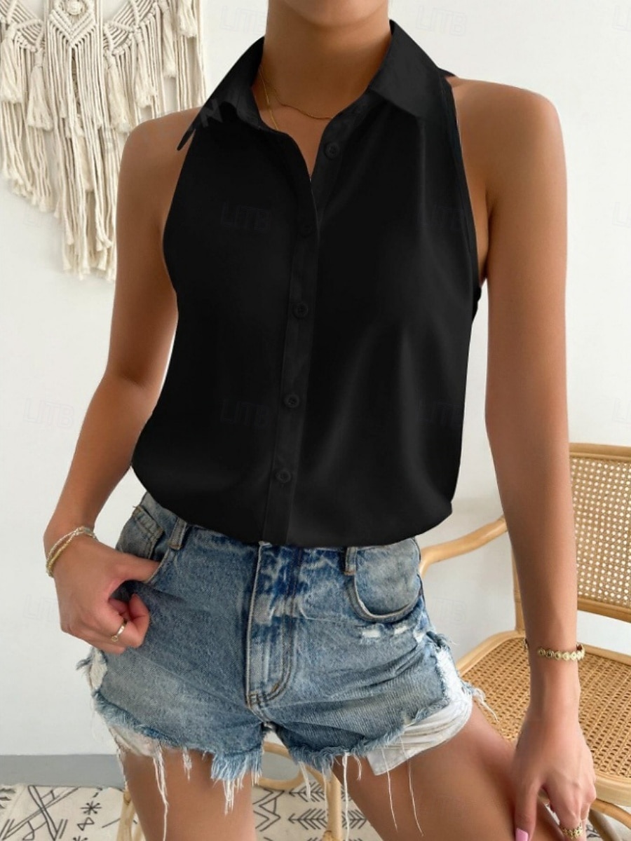 Dames Satijnen overhemd Kampshirt Met ruches Effen Kleur Elegant Stijlvol Casual Mouwloos Overhemdkraag Normale tops Dagelijks Zwart Wit Paars Oranje Beige Zomer Lente 2026 - $22.99 –P4