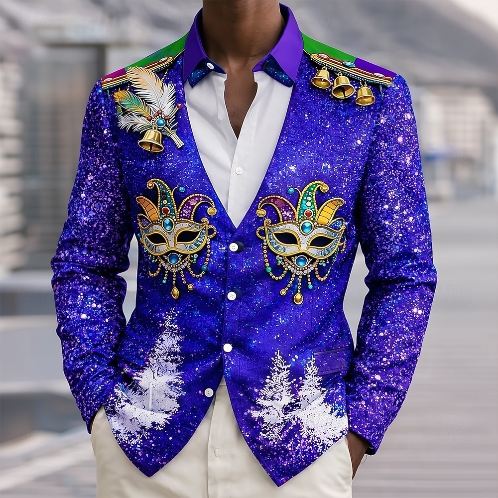 Mardi Gras Men's Carnival Faux Collar and Suit Design Mask with Feathers Shirt Button Up Shirt Long Sleeve Fashion Casual Party Holiday Spring Fall Turndown 3D Print Collared Shirts Purple Green Dark 2026 - $20.99 –P3