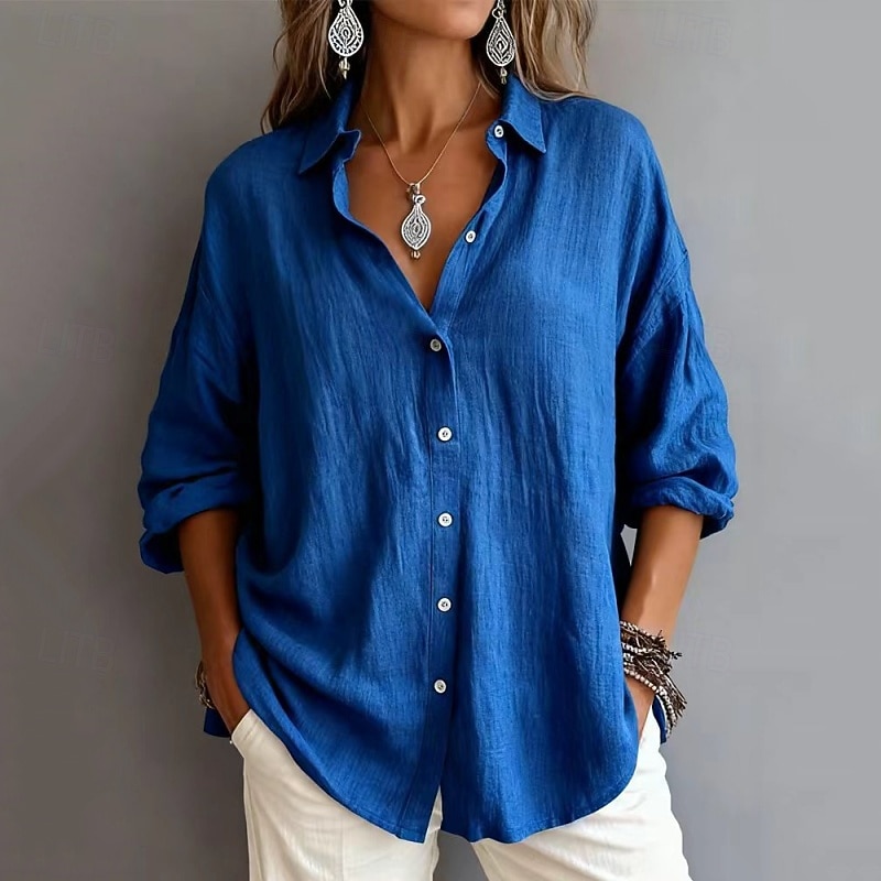 camicie da donna in cotone camicia con bottoni camicetta tinta unita vintage elegante moderna camicia a maniche lunghe colletto top regolare quotidiano vacanza uscire blu bianco giallo rosa rosa grigio primavera autunno del 2026 a $24.99 –P6
