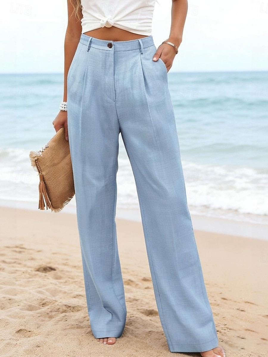 Damen Kunstbaumwollleinen Weites Bein Freizeithose Sommerhose Urlaub Streetwear Basic Volle Länge Mittlere Taillenlinie Einfach Tasche Atmungsaktivität Bequem Unelastisch Täglich Outdoor Urlaub Blau 2026 - $23.99 –P35
