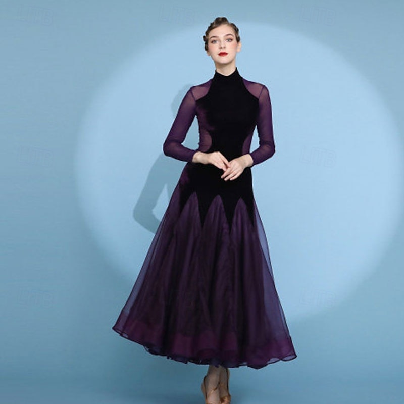 Damen-Ballsaalkleid, hochgeschlossen, langärmelig, mit Mesh-Einsätzen, Walzerkleid, Modern Standard, Wettkampf-Tanzbekleidung, lila 2026 - $150.99 –P1