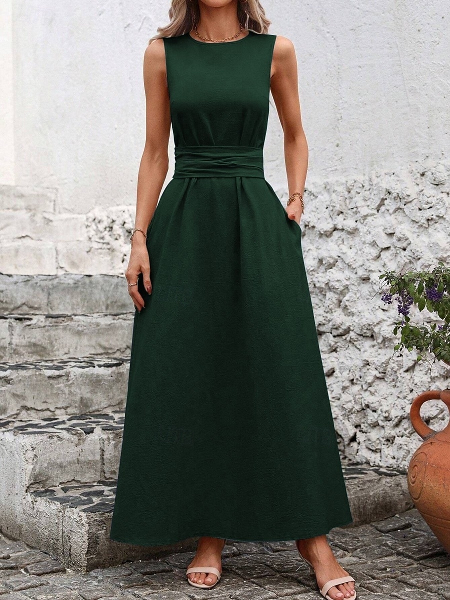 Damskie Sukienka maxi Sukienka A line Urlop Codzienny Na zewnątrz Wyjściowe Luźny / a Jednokolorowe Bez rękawów Wycięcie pod szyją Granatowy Czarny Czerwony Zielony Lato Wiosna 2026 - $31.99 –P3