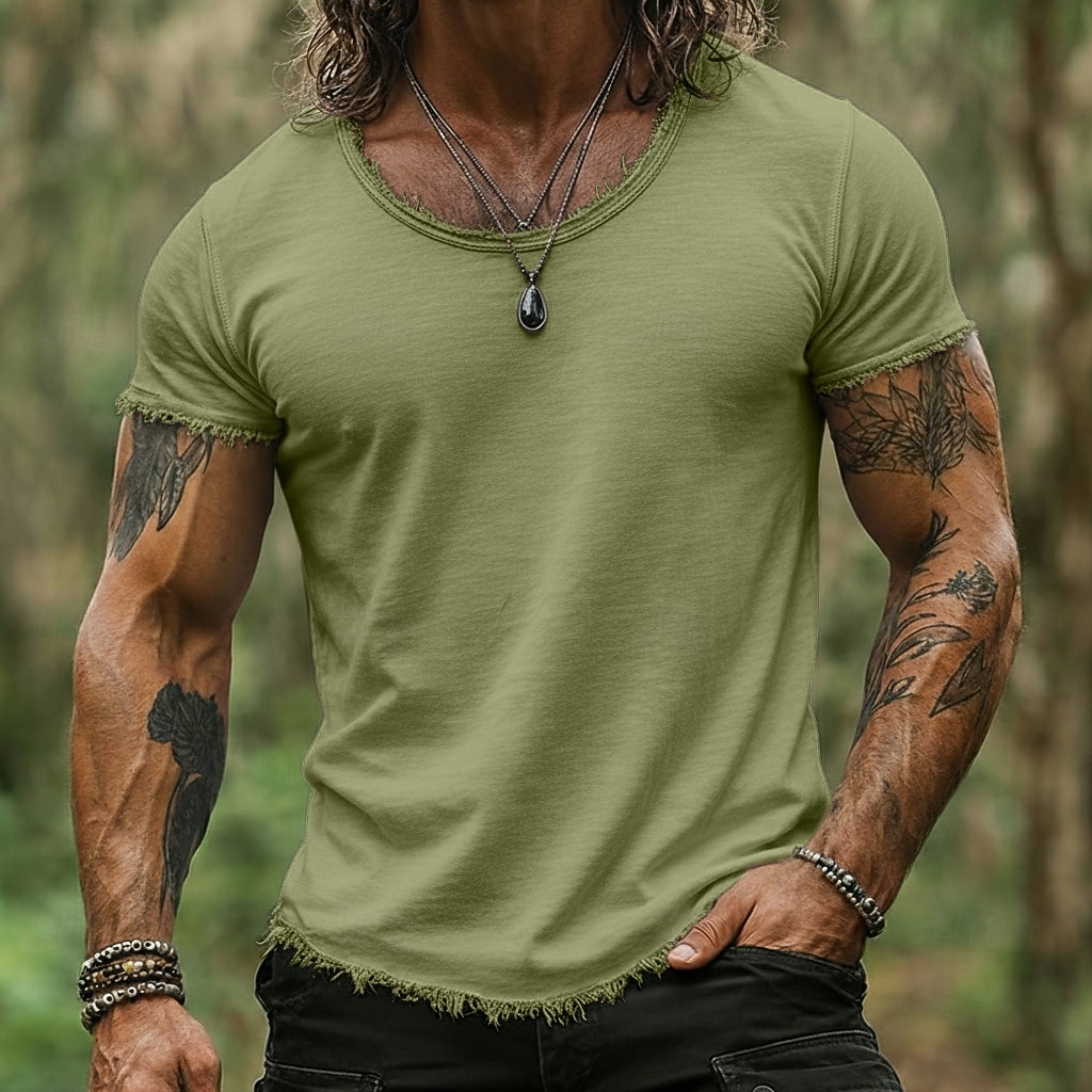 Herre T-skjorte T-skjorte i lin Kortermet Kort Erme Crew-hals Sommer عادي Mote Designer Grunnleggende Myk Rå Kant Avslappet Feriereise Gate Hvit Topp T-skjorte for menn 2026 - $21.99 –P10