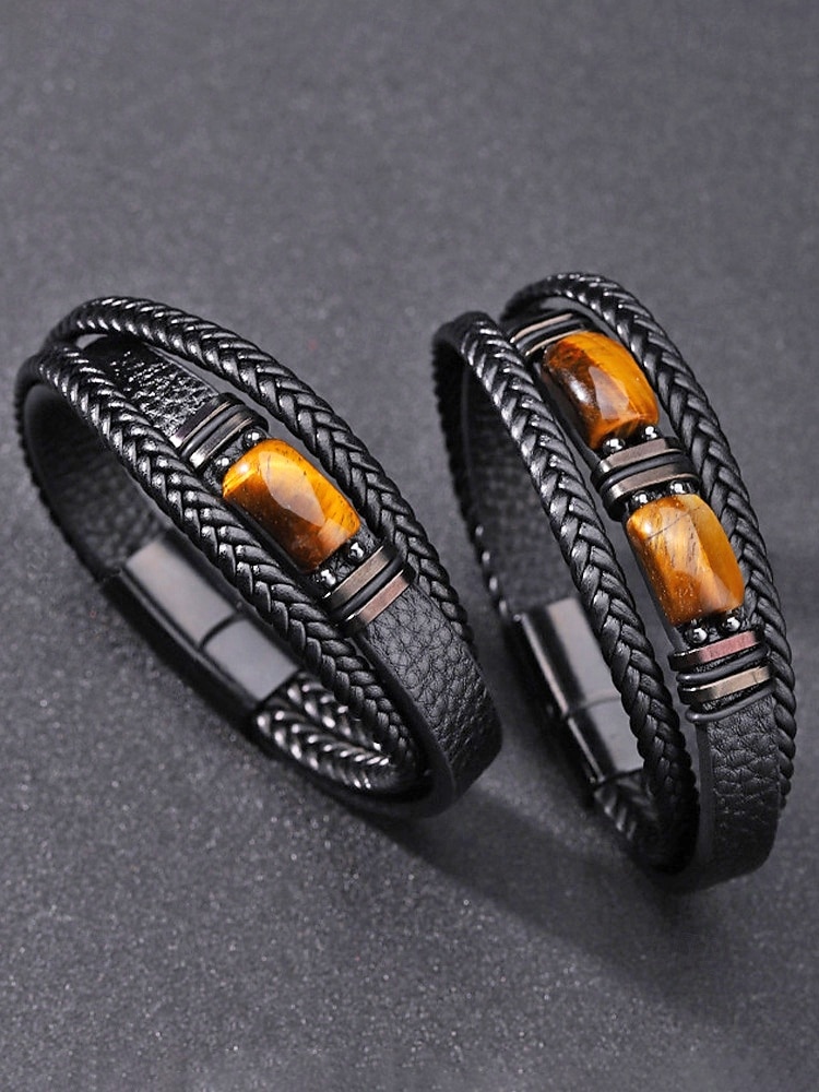 Bracciale da uomo in pietra naturale e finta pelle, cinturino da polso casual intrecciato in vari colori, gioielli alla moda da uomo per l'abbigliamento casual quotidiano e lo street style del 2026 a $11.99 –P6