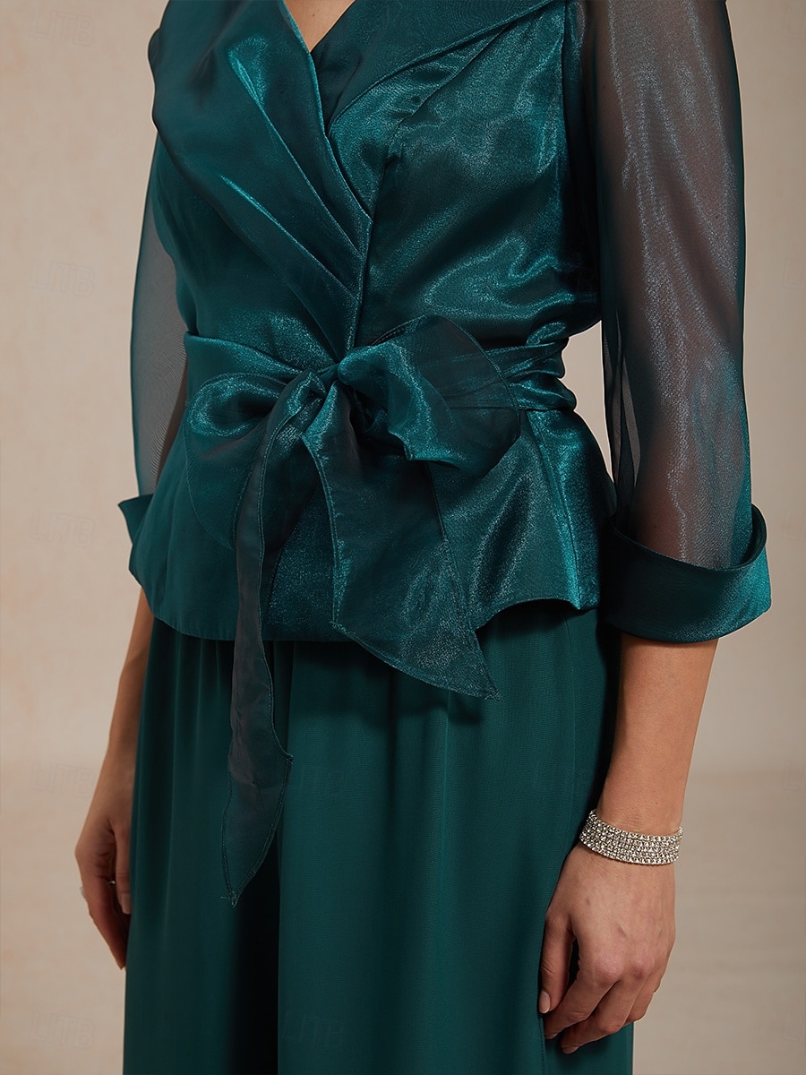 Dame Dressy topper knyte foran Illusjon Elegant 3/4 ermer V-hals Skjortekrage Vanlige topper Bryllupsgjest Cocktail antrekk Smaragd Grønn Sommer Vår Høst 2026 - $98.99 –P4