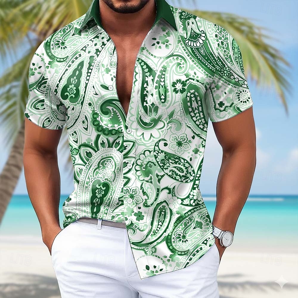 Men's Paisley Floral Print Ethnic Shirt Satin Shirt Dress Shirt Short Sleeve Fashion Casual Daily Vacation Summer Spring Turndown Collared Shirts 3D Print Button Up Shirts Blue Purple Green Khaki 2026 - $25.99 –P2