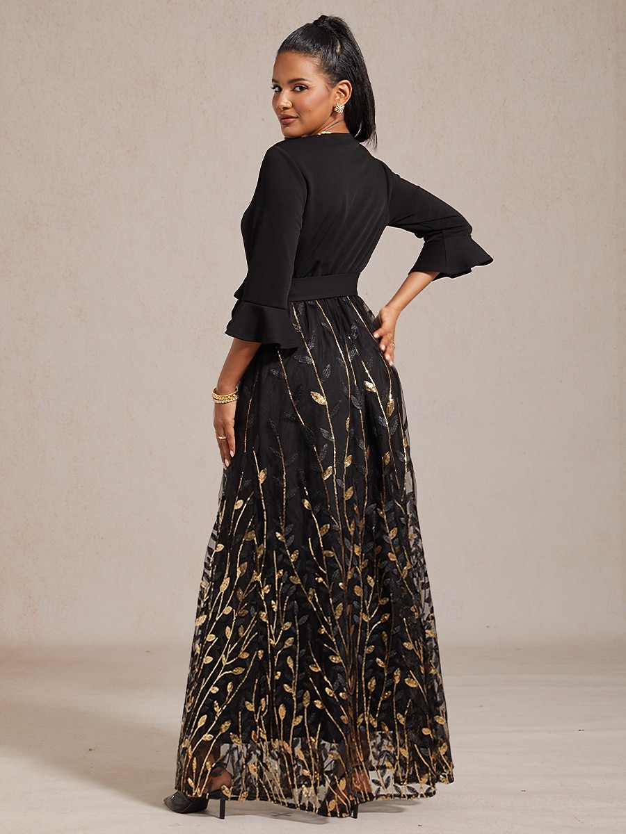 Pentru femei Rochie Maxi Rochie A line Rochie din Tul Elegant Serată Petrecere Paiete Brodat Fit regulat Frunză Lungime Manșon 3/4 În V Negru 2026 - $103.99 –P2