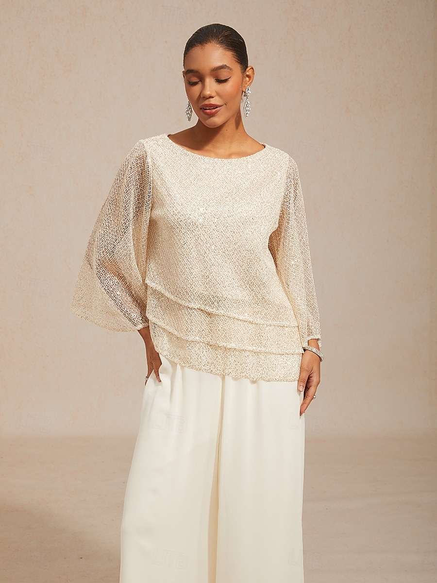 Women's Blouse Lace Tops Sequins Illusion Solid Color Elegant 3/4 Length Sleeve Bell Sleeve Crew Neck Daily Wedding Guest Vacation Wear Beige Summer Spring Fall 2026 - E£4427.73 –P1
