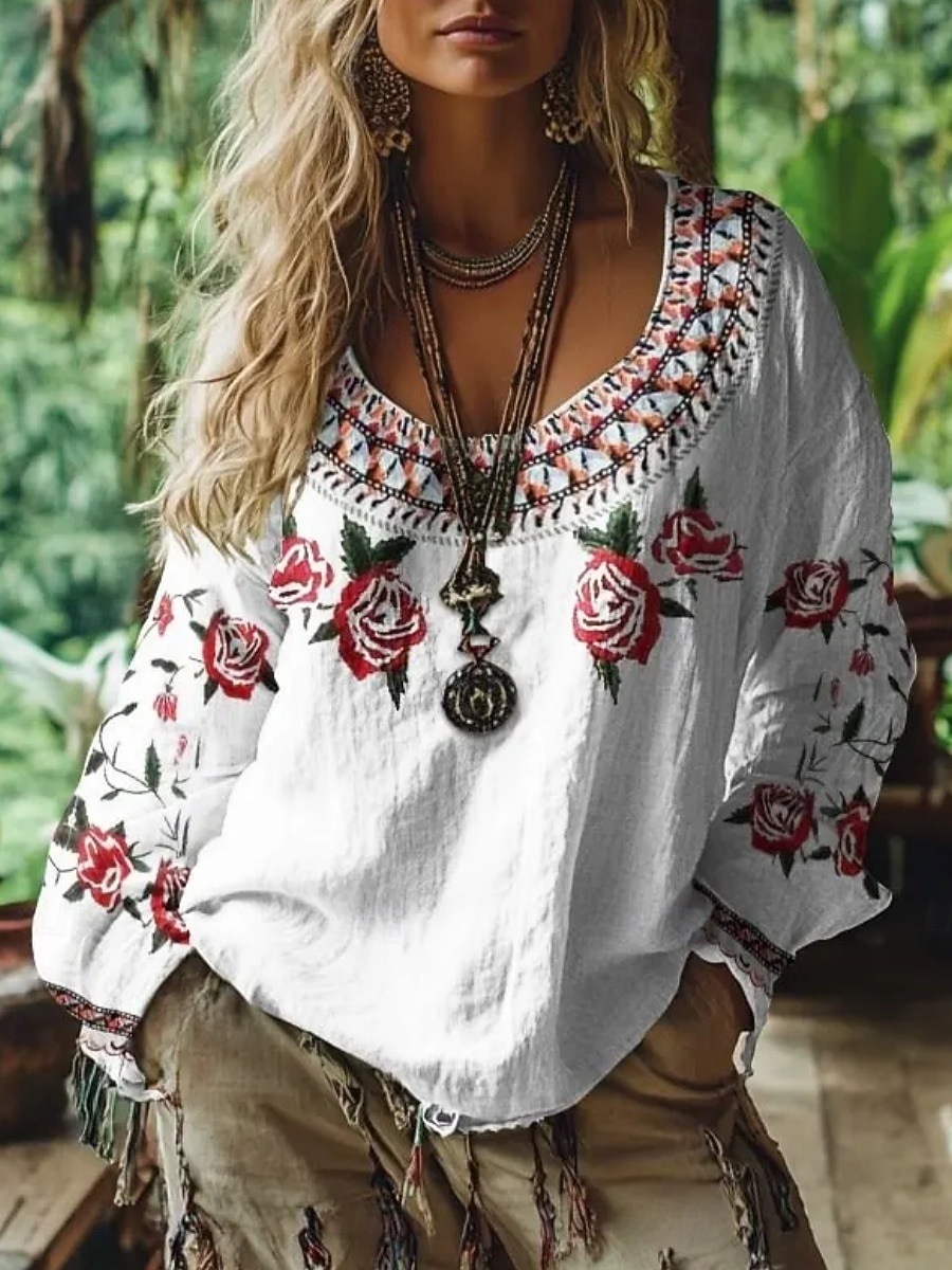 Women's Shirt Boho Shirt Blouse Print Floral Graphic Bohemia Vintage Stylish Long Sleeve V Neck Regular Tops Daily Holiday Going out White Summer Spring Fall 2026 - $27.99 –P1