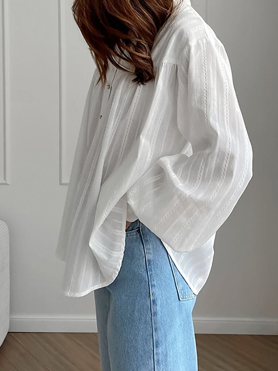 Damen Hemd Sommeroberteile Bluse Kunstbaumwollleinen Gerafft Patchwork Knöpfe Einfach Elegant Damen Klassisch Langarm Puffärmel Hoher Ausschnitt Normale Oberteile Täglich Arbeit Ferien Weiß Sommer 2026 - $48.99 –P4
