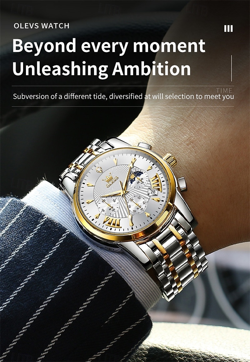 Nuovo orologio da uomo business del marchio olevs con calendario luminoso, fasi lunari, cronometro, orologio al quarzo multifunzionale e alla moda, orologio da polso da uomo casual, resistente del 2026 a $39.99 –P15