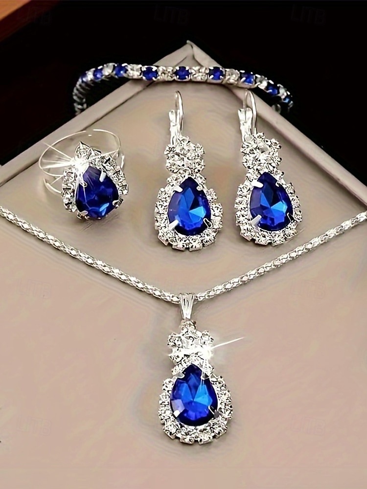 Naisten metalliseoskorusetti, "jotain sinistä" pisarakoru, korvakorut, sormus ja rannekoru, elegantti kimalteleva tyyli morsiamiin, häihin, cocktail-juhliin ja muodollisiin tilaisuuksiin 2026 - $9.99 –P7