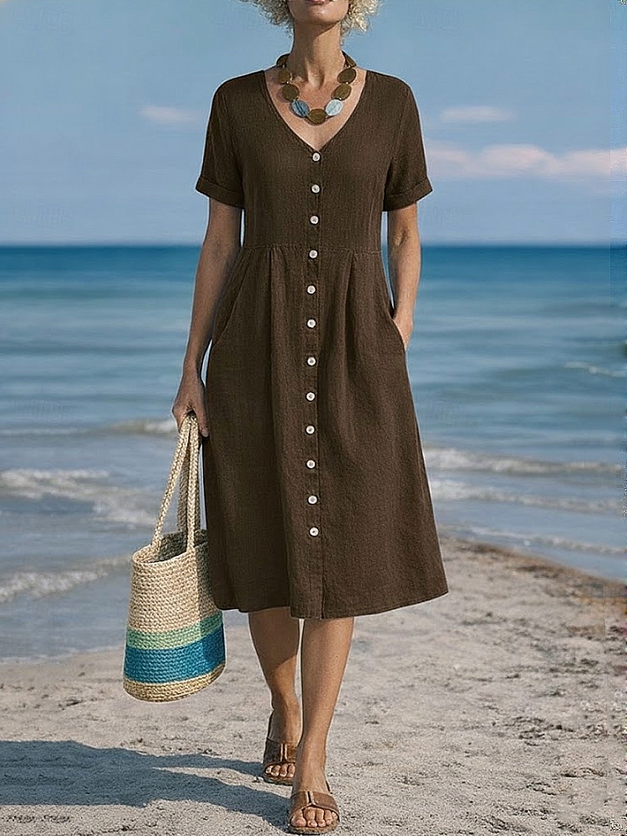 Damskie Sukienka midi Sztuczna bawełna len Sukienka A line Codzienny Codzienny Regularny Równina Krótki rękaw W serek Niebieski Czarny Biały Wino Lato Wiosna 2026 - $31.99 –P15