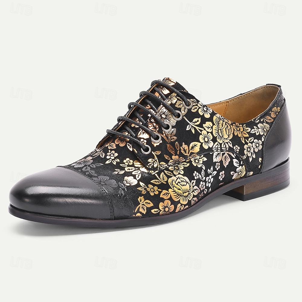 Κομψά ανδρικά δερμάτινα νυφικά παπούτσια - μαύρα με χρυσό φλοράλ μοτίβο, υποδήματα υψηλής ποιότητας για γάμους και επίσημες γιορτές 2026 - $109.99 –P5