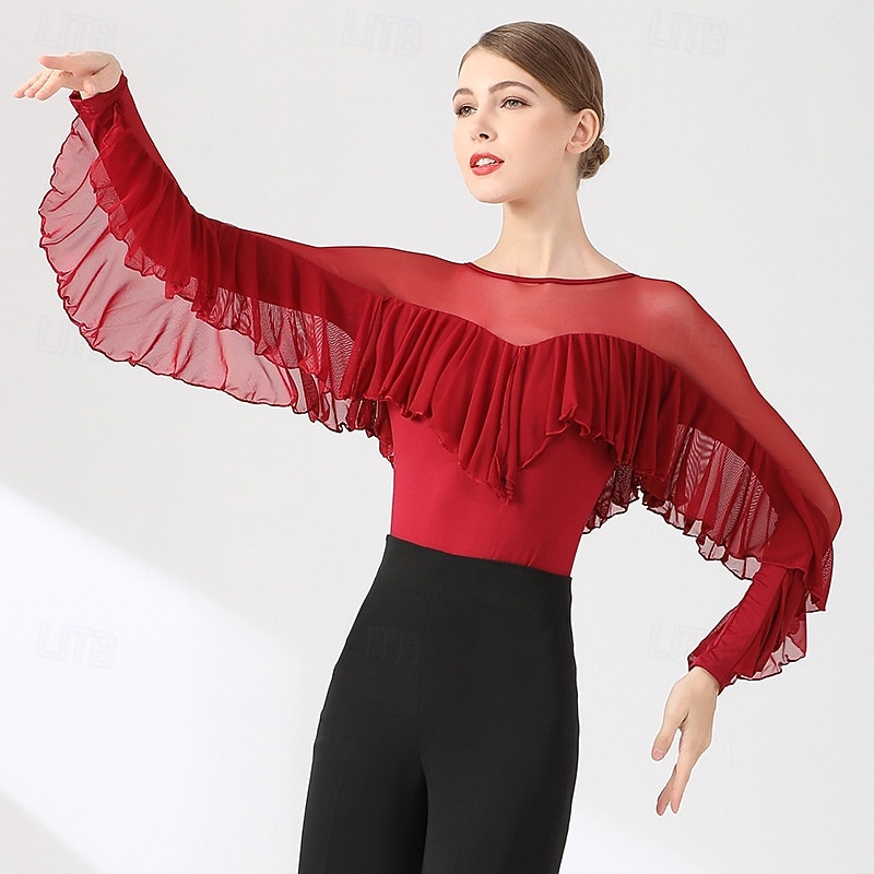 Top da ballo da sala da donna, maglia trasparente con volant e maniche a pipistrello, camicetta rossa per prove di valzer latino, performance moderna del 2026 a $70.99 –P1