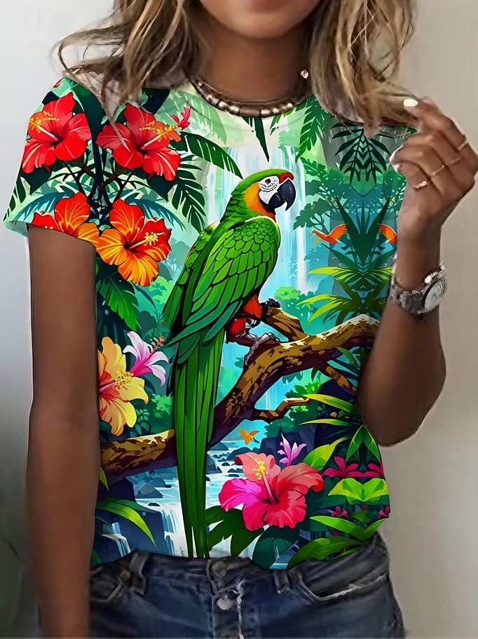 Women's T Shirt Print Graphic Animal Bird Vintage Stylish Classic Short Sleeve Crew Neck Regular Tops Daily Weekend Blue Green Summer Spring 2026 - $22.99 –P4