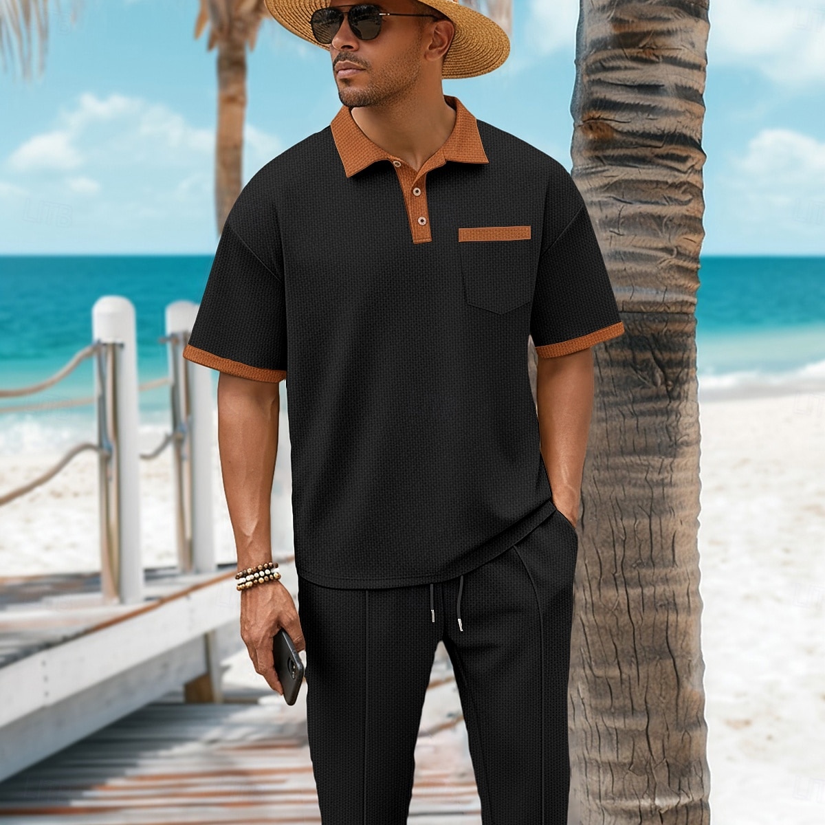 2-teiliges Herren-Sommer-Waffel-Polohemd &Polo-Hose, passendes Set, Strandkleidung, Alltagskleidung, Ausgehkleidung, Kordelzug, schlicht, schwarz, weiß, königsblau, Sportbekleidung, Mode 2026 - $36.99 –P6