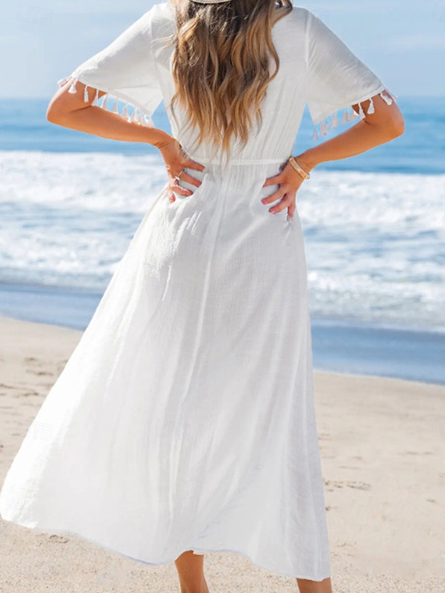 Mujer Vestido maxi Vestido blanco Vestido de verano Elegante Moda caliente Diario Exterior Playa Ajuste regular Plano Manga Corta Escote en Pico Blanco Verano Primavera 2026 - $29.99 –P2