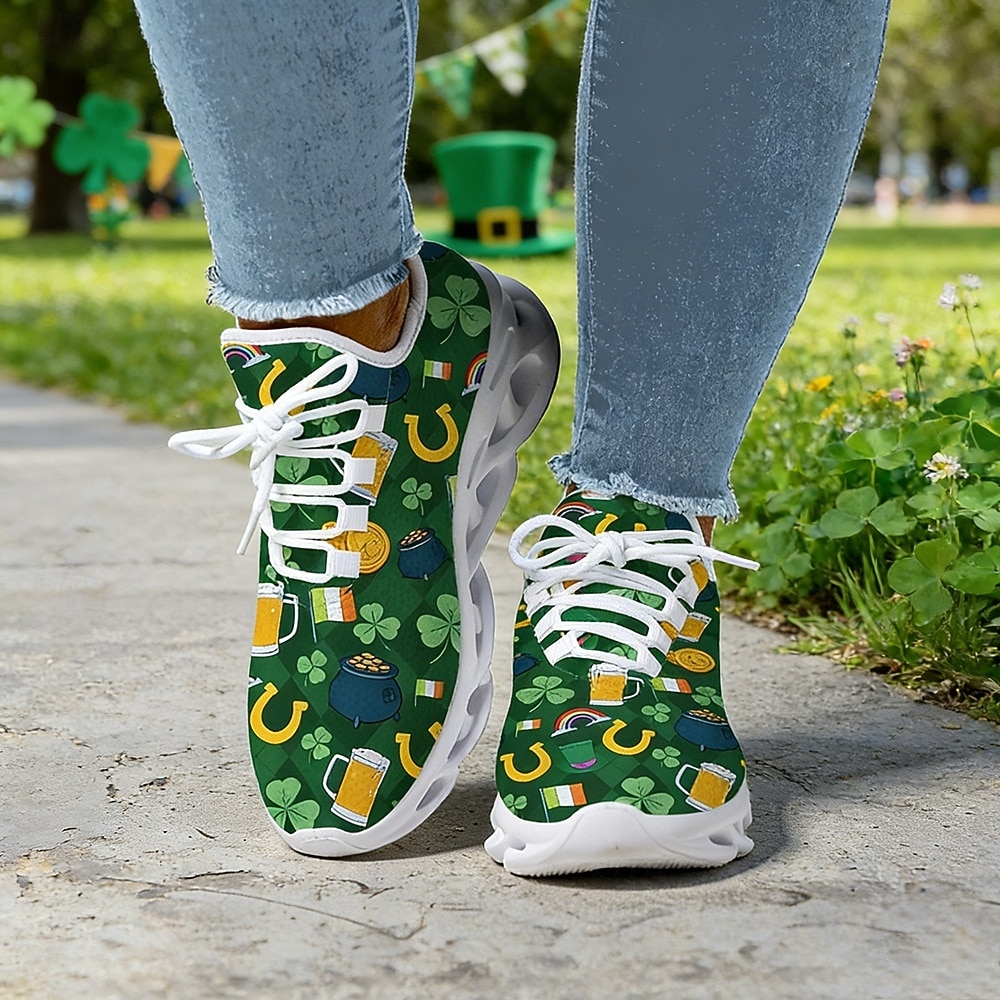 Damsneakers med shamrocktryck och St. Patrick's Day-motiv – lätta och vadderade promenadskor för vardagskläder, parader, utomhusaktiviteter och högtidsfiranden 2026 - $42.99 –P4