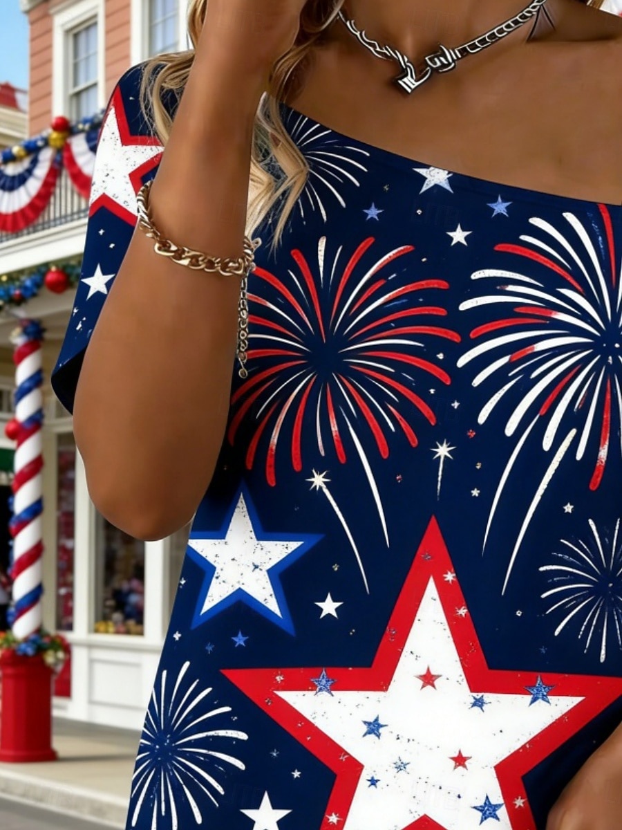 Amerikansk uavhengighetsdag Dame T skjorte T-skjorte Trykt mønster Grafisk Stjerne Mote Stilfull Klassisk Kortermet Enskuldret Vanlige topper Daglig Ut på byen Helg Blå Sommer Vår 2026 - $23.99 –P2
